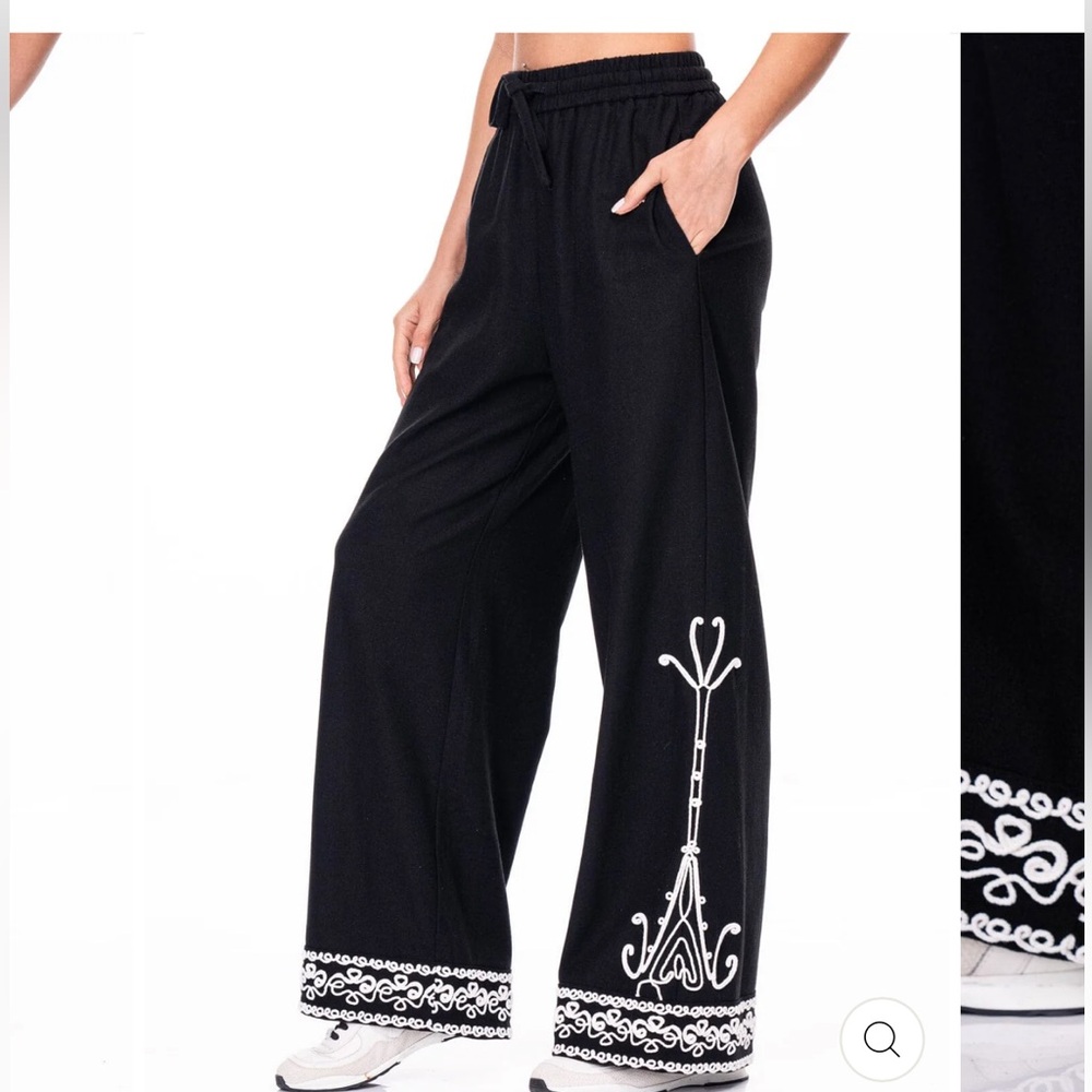 Women's Black Wide Leg Pants with White Embroidery - Brand